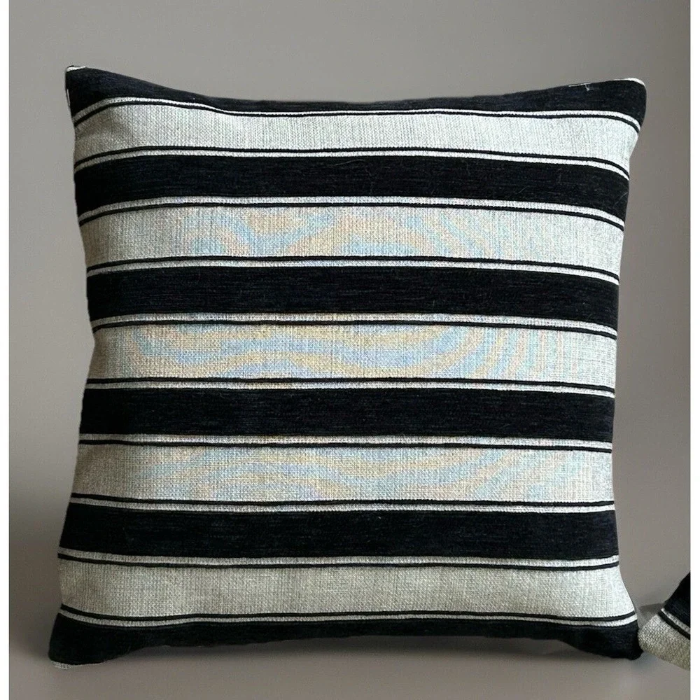 Geoli Trading Black Cream Striped Cotton Feather Filled Throw Pillows Set of 2